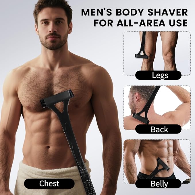 Back Shaver for Men with 8 Replacement Blades, Foldable Long Handle Body Hair Remover, Manual Back Razor Groomer for Men, Wet or Dry Shaving Body Trimmer for Smooth Hair Removal (Black)