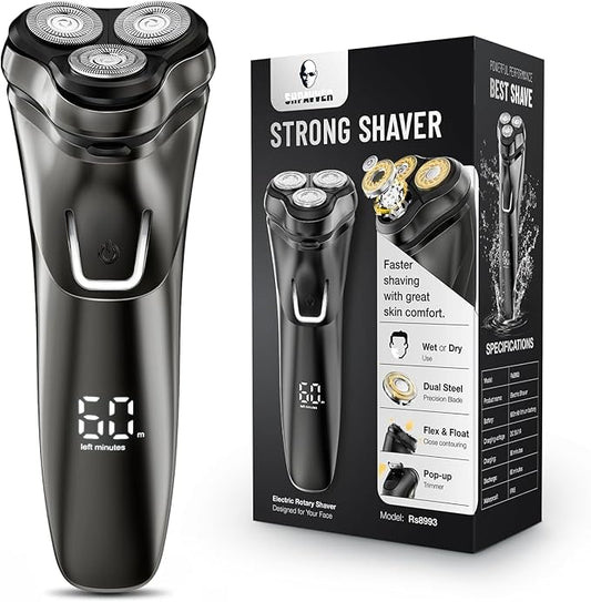 Electric Razor for Men Cordless: Wet/Dry Rotary Shaver Waterproof - USB Fast Charging & Sensitive Skin Care - Pop up Trimmer & Precision Blades Upgraded Gorgeous Black Upgraded