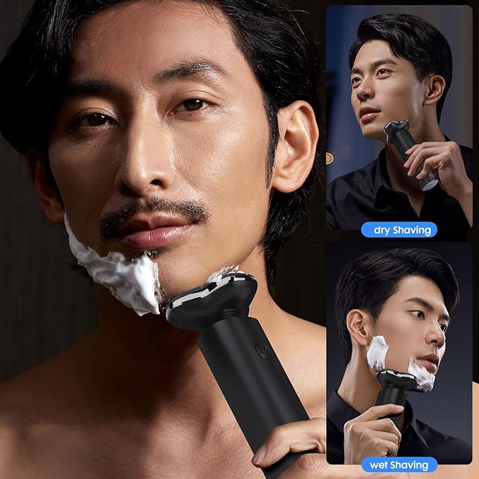 Black Electric Razor for Men with 3-Blade Rotary System, Touch Switch, LED Display, Travel Lock