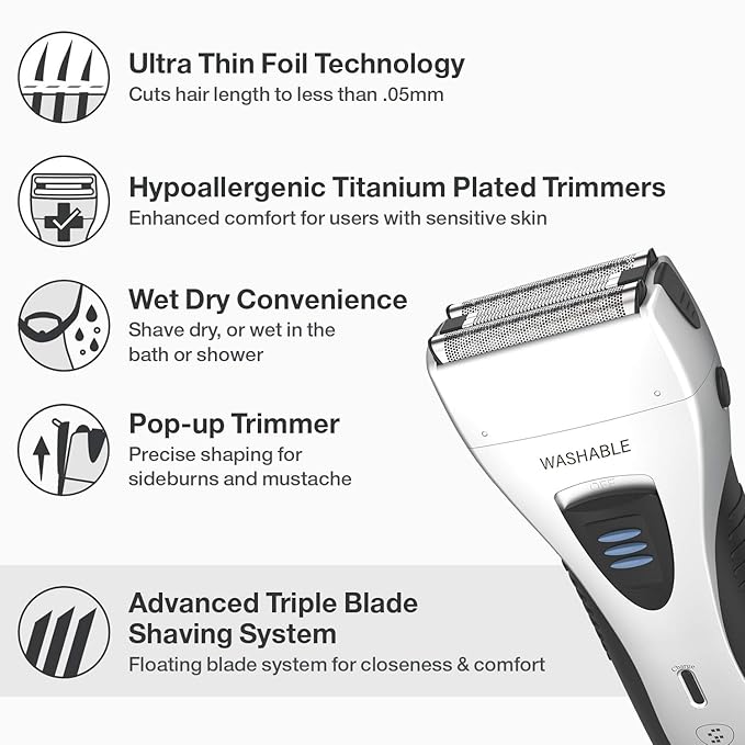 YASUN Foil Shaver - Electric Razor, Wet/Dry IPX7 Waterproof, Pop-up Beard Trimmer, Cordless Rechargeable Mens Razor - YS5800 Silver & Black