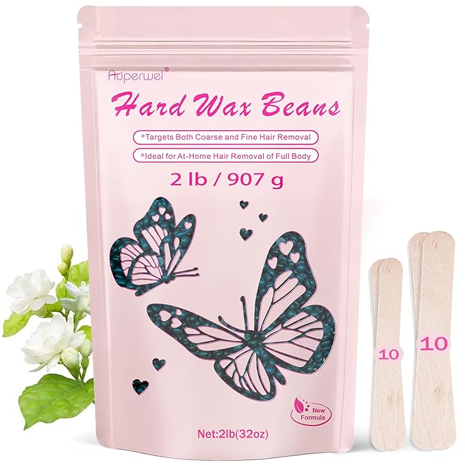 Wax Beads, 2lb Hard Wax Beads Includes 20 Sticks for Hair Removal and Sensitive Skin, Large Hard Wax for Brazilian, Bikini, Armpits, Face & Body Waxing,Jasmine