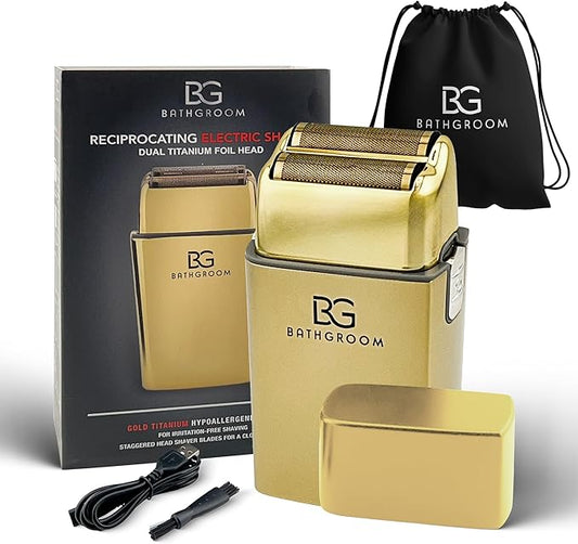 Electric Razor for Men Face with Double Titanium Foils, Professional Barber-Style shavers for Men, USB Rechargeable, Includes Cleaning Brush, Protective Cap & Pouch (Gold)
