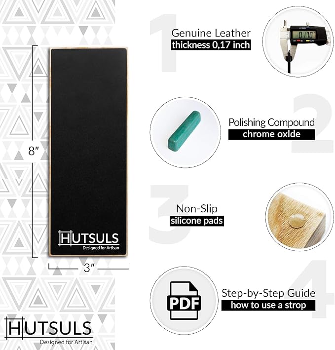 Hutsuls Leather Strop Block with Compound - Get Razor-Sharp Edges with Non-Slip Leather Stropping Block & Step-by-Step Guide Included