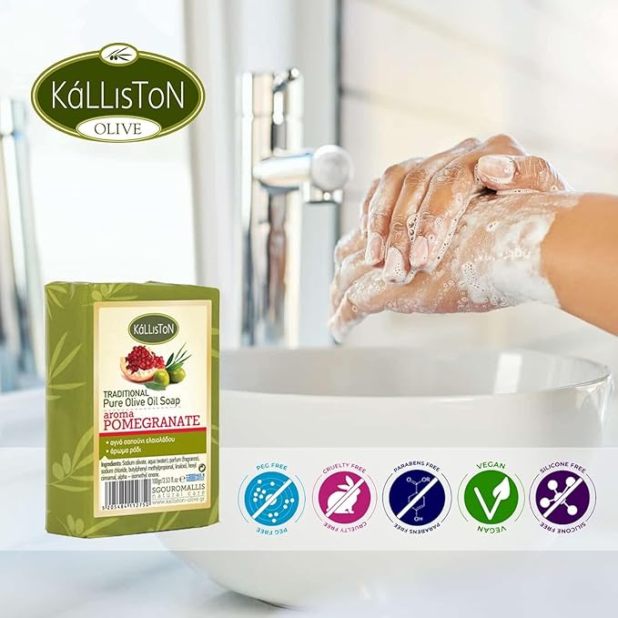 Kalliston, Pomegranate olive soap bar with volcanic Pumice Stone, hypoallergenic, moisturising, all-natural soap from Greece, Pack of 4