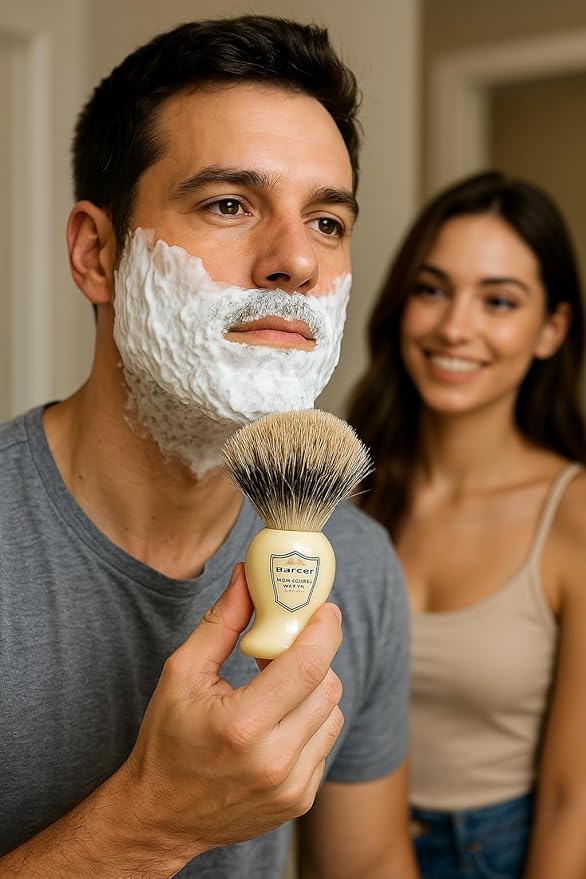 Parker 3-Band Pure Badger Bristle Shaving Brush – Faux Ivory Handle, Classic Wet Shave Brush for Lathering Shaving Soaps & Creams with Bladed Razors