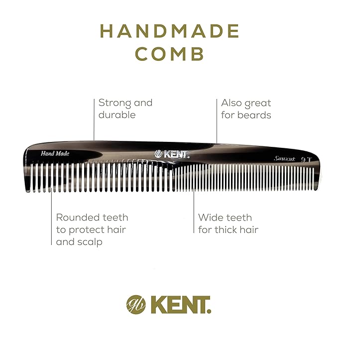 Kent 9T Black Graphite Fine Tooth and Wide Tooth Detangler Hair Combs - Large Handmade and Saw-Cut Dressing Comb - Wet Hair Comb for Women and Durable Grooming Comb for Men Made in England