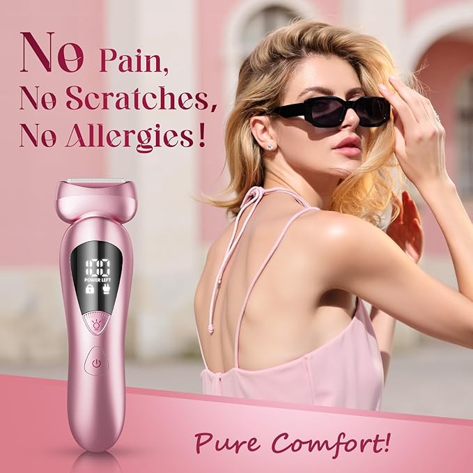 Cordless Electric Razors for Women: Rechargeable Painless Bikini Trimmer for Body Hair - IPX7 Waterproof Shaver with LED Display for Face/Underarm/Leg Light Pink