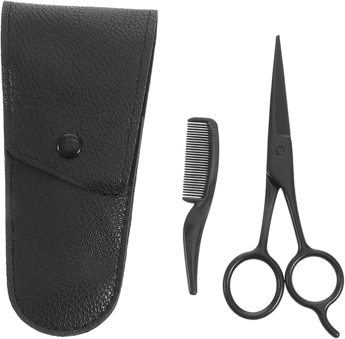 minkissy 3pcs Beard Trimming Scissors Set with Comb and Pu Leather Storage Bag Stainless Steel Mustache and Eyebrow Care Tools for Professional and Home Grooming