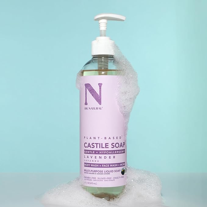 Dr. Natural Castile Liquid Soap - Multi-Use Body Wash, Shampoo and Face Wash - Hydrating Body Soap for Skin, Hair, Pets and Home - Lavender - 16 oz