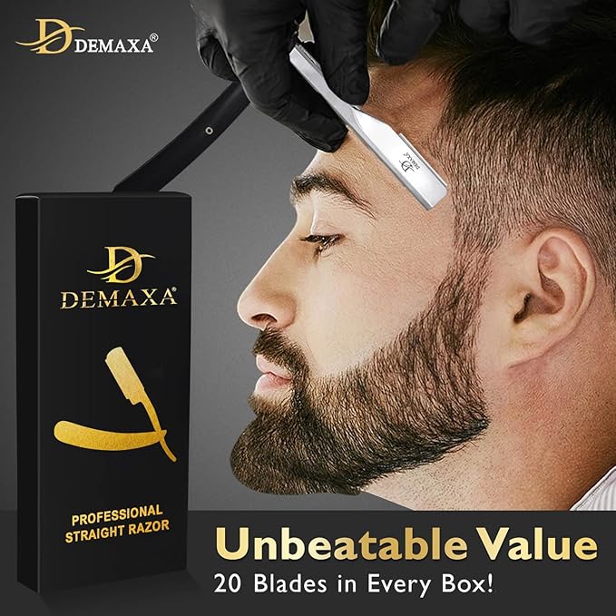 Professional 20 Straight Razor Blades with DEMAXA Shavette Straight Razors for Men - Navajas para Barbero Professional Barber Razor Blade for Close Shaving with Soft Pouch - Cut Throat Razors for Men
