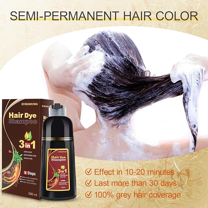 KINGMING Dark Brown Herbal Instant Color Shampoo for Gray Hair Coverage for Women & Men - 3 in 1 Champu Con Tinte Para Canas 500ml