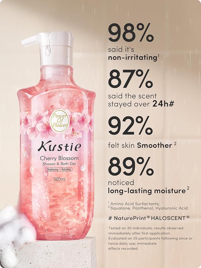 Kustie Cherry Blossom Body Wash with 380 Real Tokyo Sakura Petals – Vegan, Sulfate-Free & Antioxidant-Rich – Perfume-Level Scent – Niacinamide, Hyaluronic Acid & Squalane – 12.8 Fl Oz