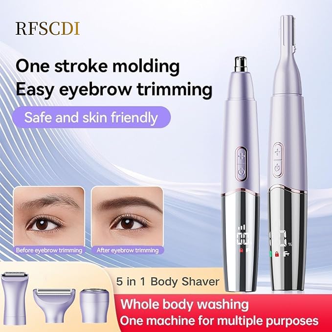 5-in-1 Rechargeable Nose & Eyebrows Hair Trimmer - IPX7 Waterproof Dual Edge Grooming Kit for Men & Women, Perfect for Hair Removal of Nose, Facial, Arm, Bikini, and Ear Hair (Purple)