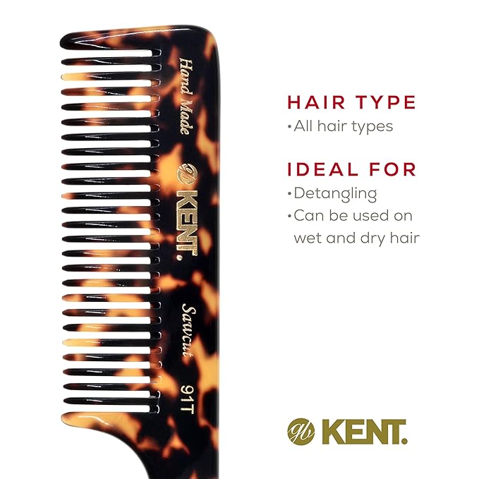 Kent 91T TY Wide Tooth Detangler Hair Comb for Women and Men -for Curly and Wavy Hair -Wet Hair Comb, Large Handle Wide Tooth Shower Comb for Effective Detangling,Saw-Cut Hand Polished made in England