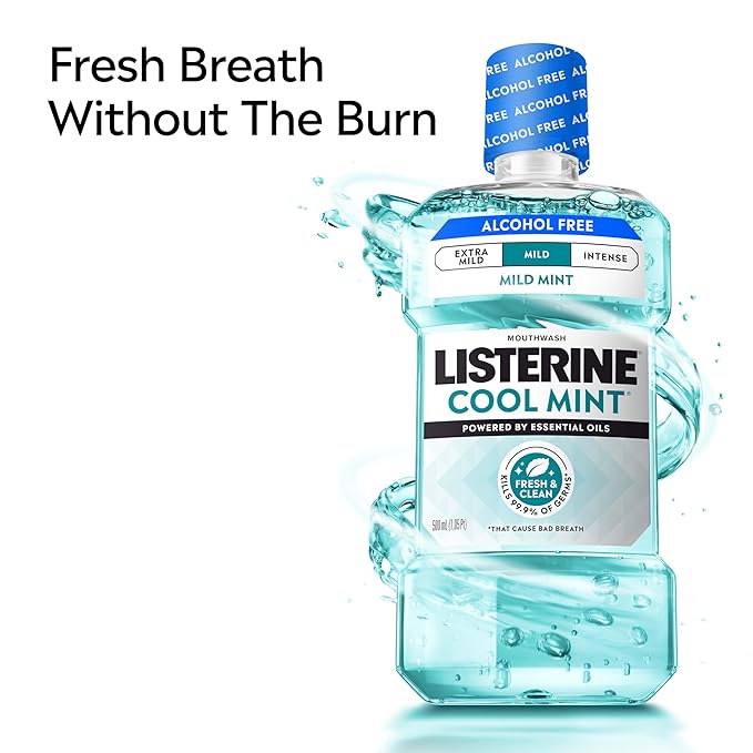 Listerine Cool Mint Alcohol-Free Mild Mouthwash, Oral Rinse Kills 99.9% of Germs that Cause Bad Breath, Less Intense Taste, Mild Mint Flavor, 500 mL