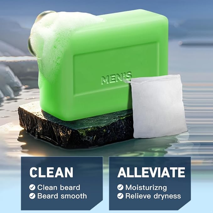 For Men: Natural Beard & Face Soap Bar with Exfoliating Net, Gentle Hydrating Cleanser, Handmade Green One Size
