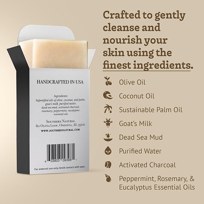 Southern Natural Handmade Activated Charcoal Soap Bar for Face & Body - Perfect for Sensitive Skin & Dry Skin Relief – With Dead Sea Mud, Goat Milk & Peppermint Essential Oil – 2 Pack, 4.5 oz