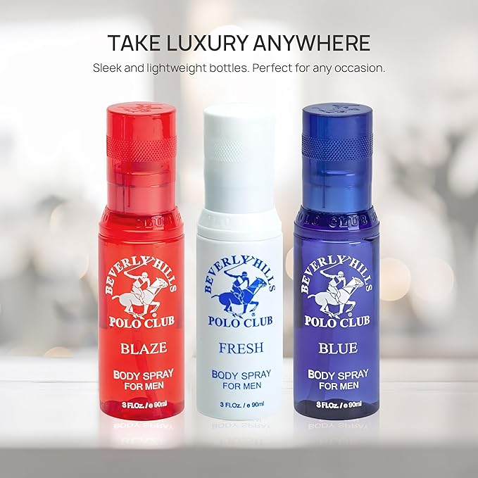 Beverly Hills Polo Club Men's Body Spray Collection - 3 x 3oz Designer Cologne Gift Set for Everyday Freshness & Travel