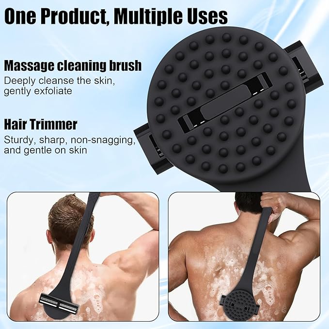 2 in 1 Back Shaver & Massage Cleaning Brush with Bendable Handle, Manual Stainless Steel Razor for Back & Body Hair Removal, Portable Wet Dry Body Groomer with 8 Pcs Replaceable Blades-Black