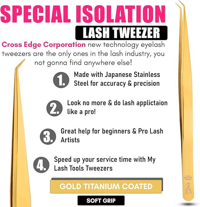 Isolation Tweezers for Eyelash Extension – 14cm Curved Lash Tweezer, Stainless Steel, Best for Individual Isolation & Classic Lashes, Pinzas para Pestaña(Gold Titanium)