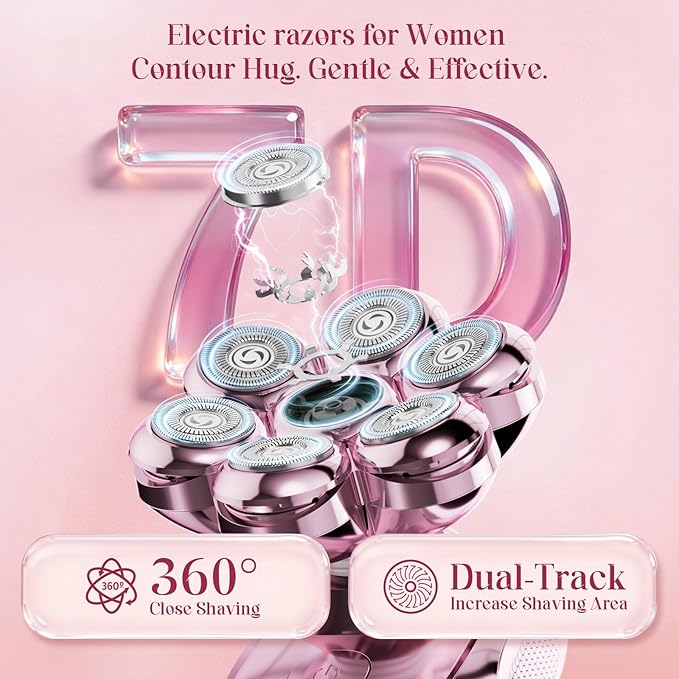 Electric Razors for Women - 7D Electric Shaver for Women, IPX8 Waterproof with USB-C Fast Charge, LED Display, 2 Speeds & Magnetic Heads, Valentines Day Gifts for her