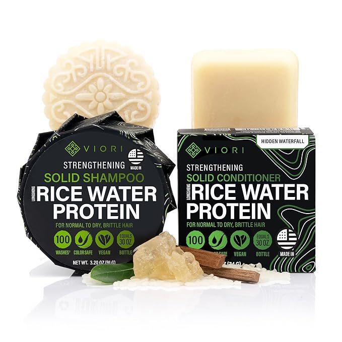 Viori Hidden Waterfall Shampoo and Conditioner Bar Set Made with Rice Water - Handcrafted Sulfate Free Shampoo and Conditioner