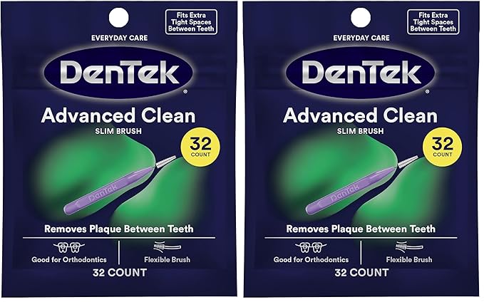DenTek Slim Brush Advanced Clean,Interdental Brushes for Cleaning Between Tight Teeth,Safe for Braces & Dental Work,32 Count (Pack of 2)