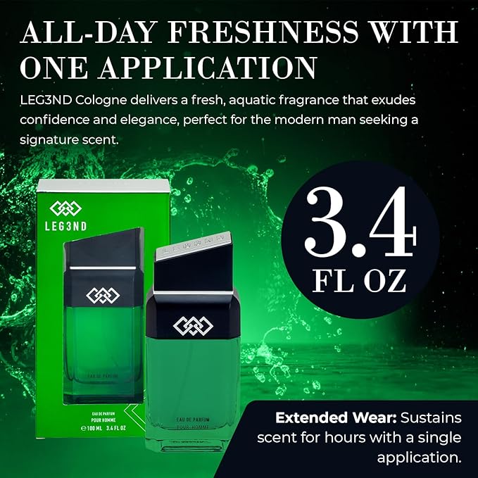 LEG3ND Men's Cologne Eau de Parfum Spray - 3.4oz/100ml Long-Lasting Scent with Elegant & Sleek Glass Bottle - Fragrance for Men with Luxurious Mandarin & Musk Notes (Green Edition)