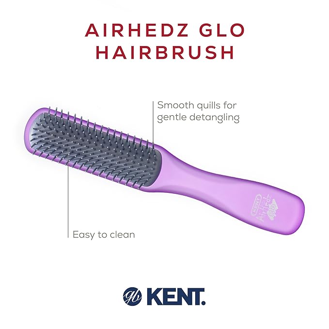 Kent AHGLO02 Airhedz Glo Purple Half Round Narrow Detangling Hair Brush - 9 Row Ionic Anti Static Non Scratch Long Nylon Bristle Great for Detangling and Smoothing Medium to Long Length Hair