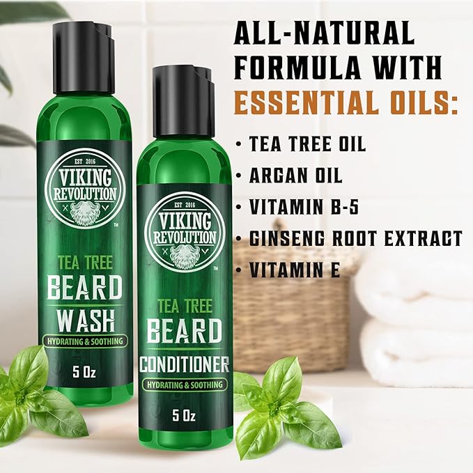 Viking Revolution Tea Tree Beard Wash and Conditioner Set for Men - Natural Beard Softener with Argan Oil, Vitamin E and Ginseng (5 Oz)