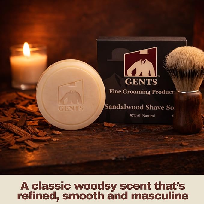 GENTS 97% All Natural Shave Soap - Creates a Rich Lather Foam for Wet Shaving Experience (3 Pack Sandalwood) Birthday Gift