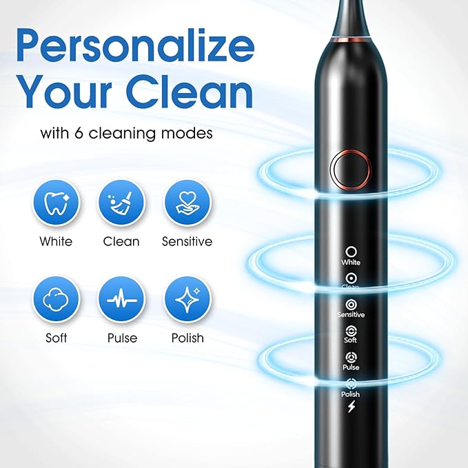 Electric Toothbrush, Sonic Type for Adults & Teens, 8 Brush Heads, Travel Case, 6 Modes, 40000 VPM Electric Motor, IPX7 Waterproof, 2 Minutes Timer, Wireless Charging, One Charge for 100 Days (Black)