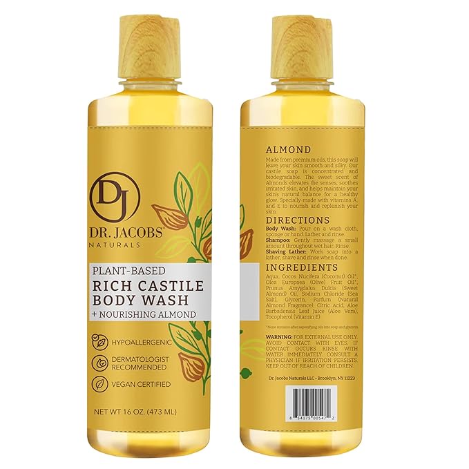 Dr. Jacobs Naturals Pure Castile Soap Liquid Body Wash, Almond - Plant Based Castile Soap Infused with Vitamin E and Aloe Vera to Moisturize Dry and Sensitive Skin - Made in The USA - 16 oz, Pack of 2
