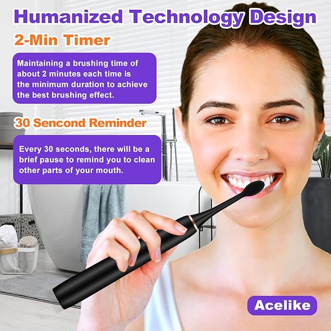 Whitening Electric Toothbrush for Adults and Kids, Rechargeable Toothbrush with 8 Brush Heads & Travel Case, 5 Modes & Smart Timer, 45000VPM Deep Clean, IPX7,One Fast Charge Last 120 Days - Black