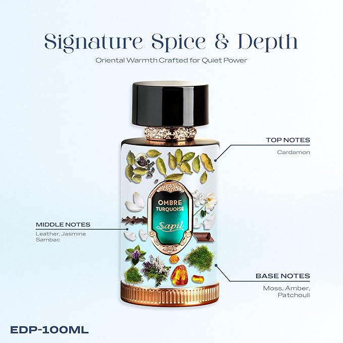 Sapil Ombre Turquoise Eau de Parfum – Long Lasting Unisex Woody Perfume | Cardamom, Leather & Amber Notes | Clean Elegant Signature Fragrance | 3.4 oz / 100ml