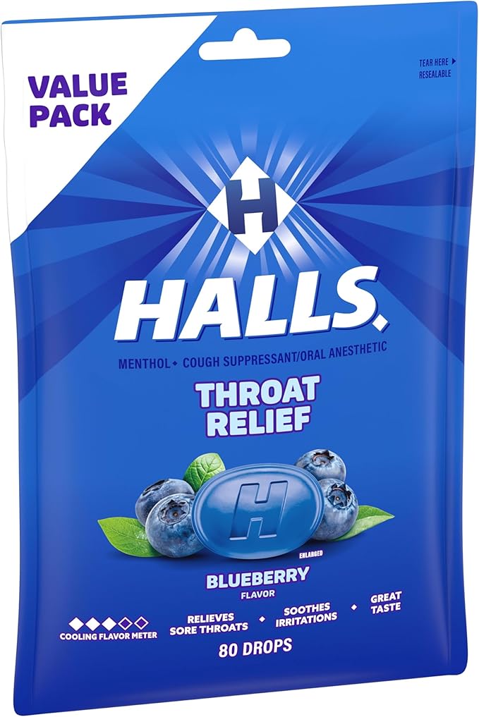 Halls Throat Relief Blueberry Cough Drops, Value Pack, 80 Drops