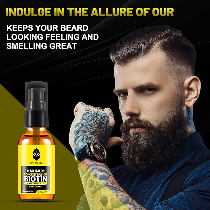 Beard Oil,Maximun Thickening Biotin, with Castor Oil and Argan & Jojoba Oils, Promotes Beard Growth, Styles, Strengthens & Softens Beards & Mustaches,1 Ounce*2（2 Pack）