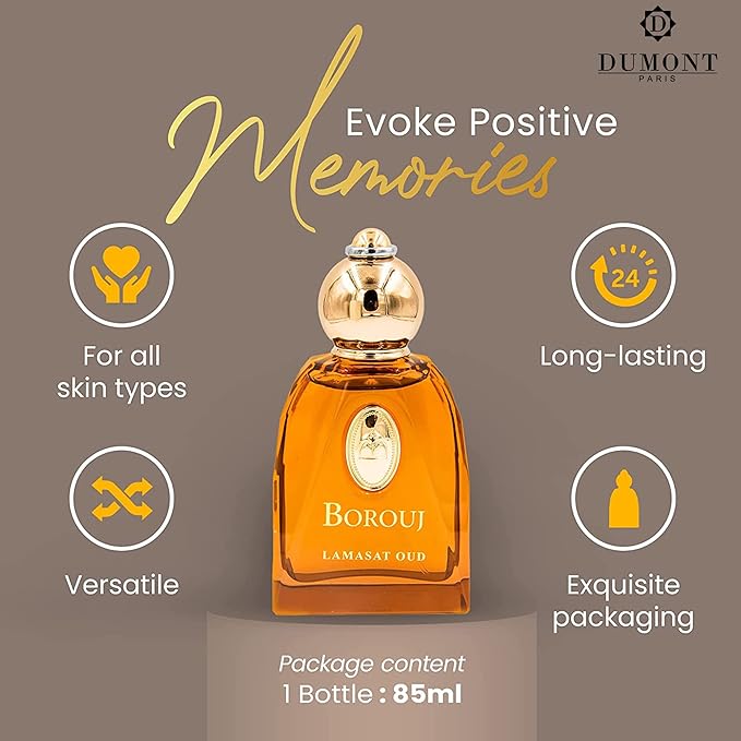 Dumont BOROUJ LAMASAT OUD - 85ml Travel Size - Arabic Inspired Unisex Perfume for Men & Women - Musky, Woody & Oriental Fragrance - Long Lasting Cologne Mist & Body Spray - for Him & Her