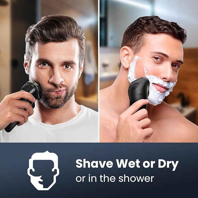 Electric Razor for Men Cordless: Wet/Dry Rotary Shaver Waterproof - USB Fast Charging, Precision Blades Sensitive Skin Care, Pop-up Trimmer Upgraded Elegant Black
