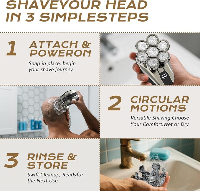 7D Head Shavers for Bald Men, Water Proof Electric Razor for Men with LED Display, Detachable Wet/Dry Anti-Pinch Head Shavers, Shaving Grooming Kit for Balder, Perfect for Home & Travel（Black）