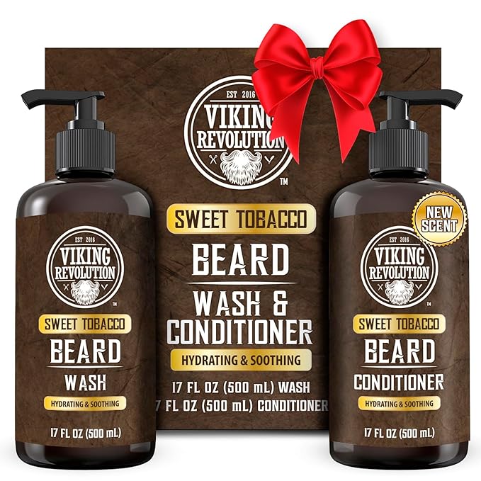 Viking Revolution Beard Wash and Beard Conditioner for Men with Argan Oil and Jojoba Oil - Beard Softener and Strengthener Beard Care Beard Shampoo and Conditioner with Beard Oil (17oz, Sweet Tobacco)