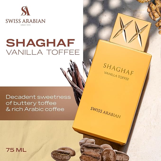 Swiss Arabian Shaghaf Vanilla Toffee - Arabian Perfume for Men and Women - Unisex Eau de Parfum - Dubai Long Lasting Perfume - Travel Size - 2.5 oz