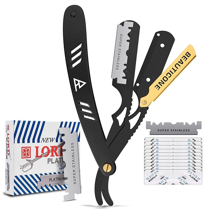 BEAUTICONE Straight Razors for Men, Straight Edge Razor, 100 Single Edge Blades, Stainless Steel, Barber Razor for Men's Shaving, Barber Shaving Knife, Swinglock