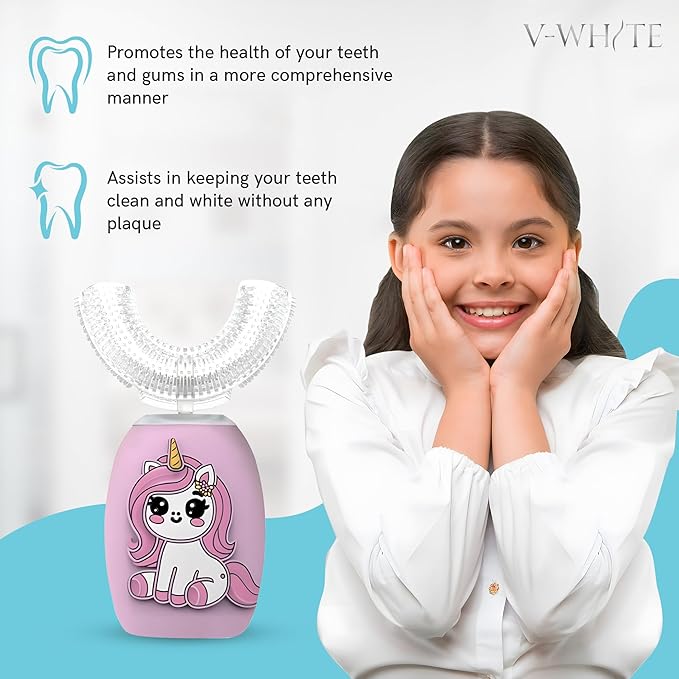 V-WHITE Electric Toothbrush Kids- Ultrasonic U-Shaped Toothbrushes for Teeth Whitening - 360° Mouth Cleansing, Hands Free Gums Protection - Wireless Charging & LED Light - Waterproof IPX7 Certified