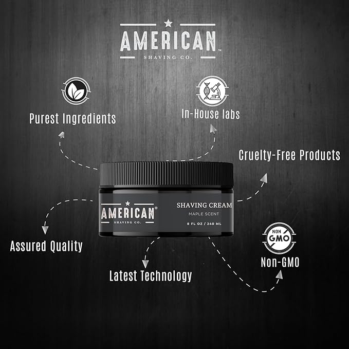 American Shaving Co. Maple Shaving Cream For Men 8 Oz, Made in USA, Easy Application, Quality Potent Ingredients, Non-GMO, GMP Certified, Cruelty-Free Products