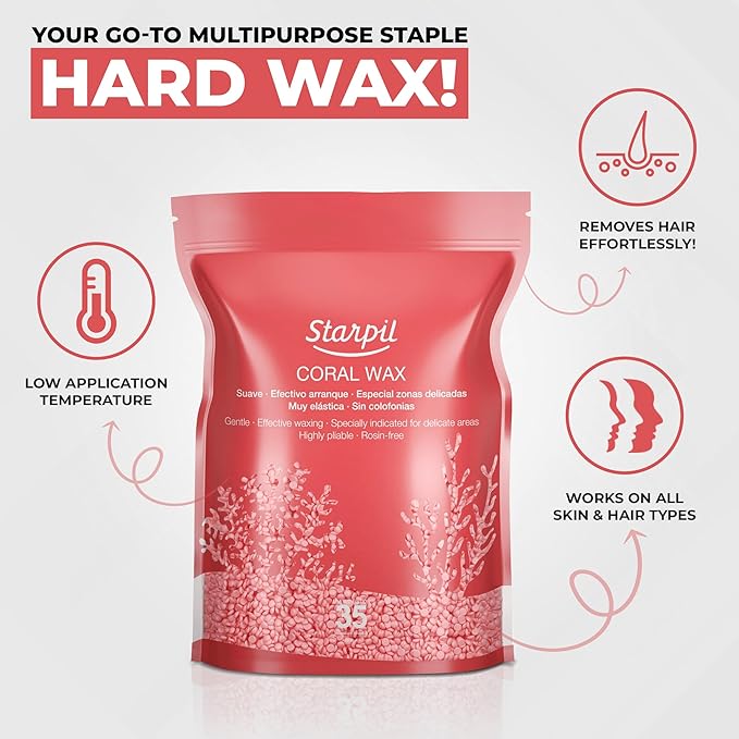Starpil Wax 1000g / 2.2 lb Coral Hard Wax Beads for Painless Hair Removal, Stripless Wax Beads, Polymer Blend Low Temperature Wax for Face, Bikini, Brazilian, Legs, Underarm, Back and Chest
