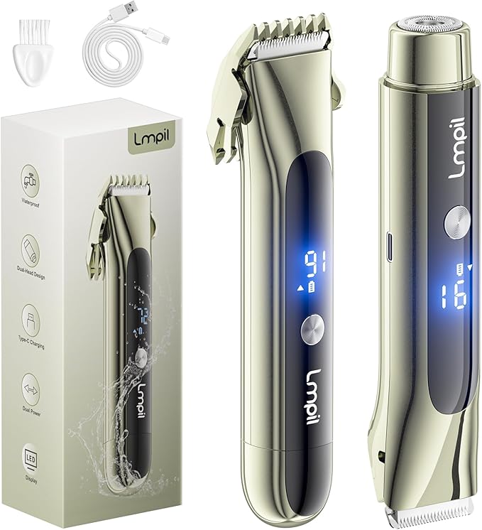 Bikini Trimmer for Women, 2-in-1 Electric Razor with Dual Heads, Ceramic Blade, Waterproof & Rechargeable, Painless Pubic Hair Shaver for Bikini, Underarm, Legs, Face | Gift for Her - MossGreen