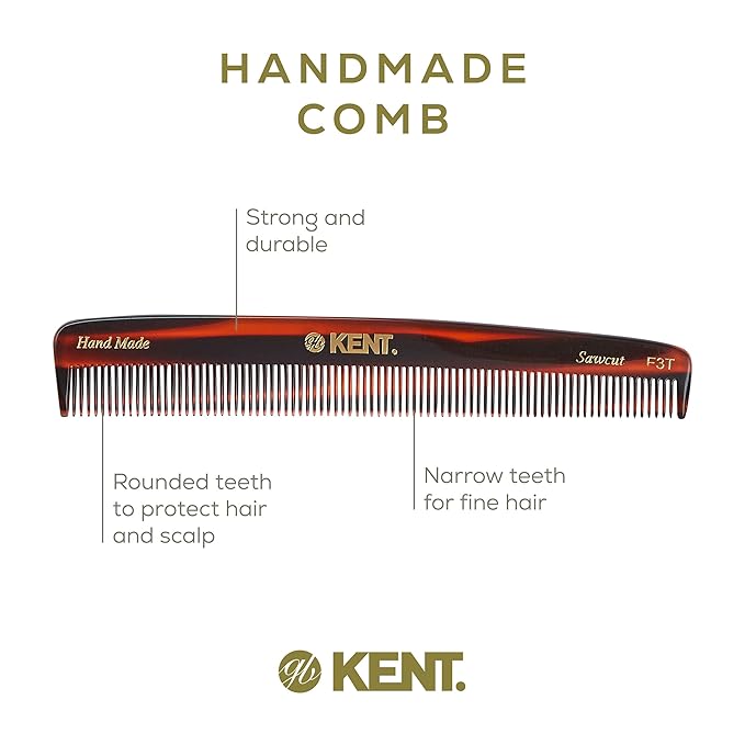 Kent F3T Fine Tooth Comb for Hair Parting, Handmade Combs for Men and Straightening Comb for Women, Dandruff Remover Kent Mens Combs for Fine Hair