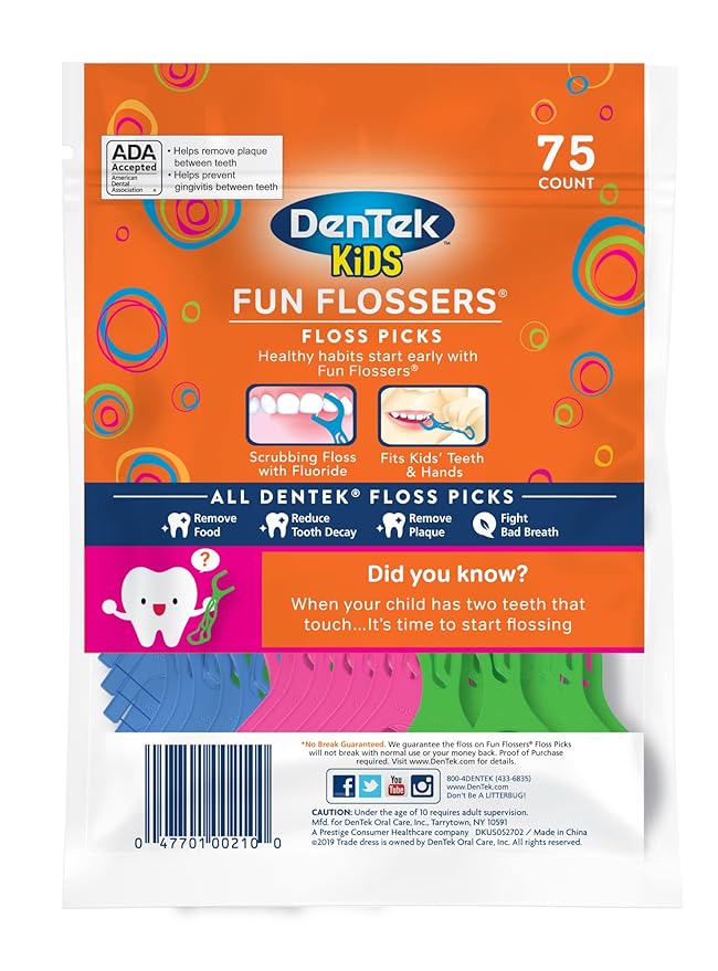 DenTek Fun Flossers – Kids Floss Picks with Wild Fruit Flavor, 75 Count, Pack of 3