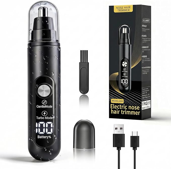 Ear & Nose Hair Trimmer, Professional Painless Eyebrow and Facial Hair Trimmer for Men and Women, C-Type Rechargeable, Waterproof Double Edged Blade (Carbon Black)